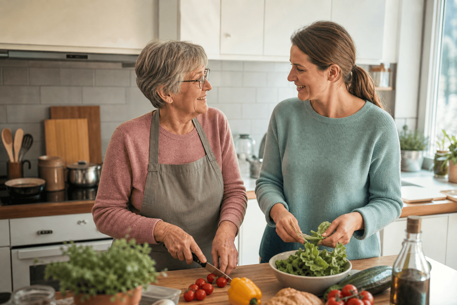 Ältere Person und Betreuungskraft bereiten gemeinsam eine Mahlzeit zu