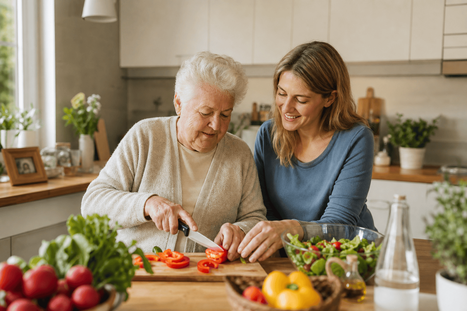 Betreuungsperson und ältere Person bereiten gemeinsam eine Mahlzeit zu.