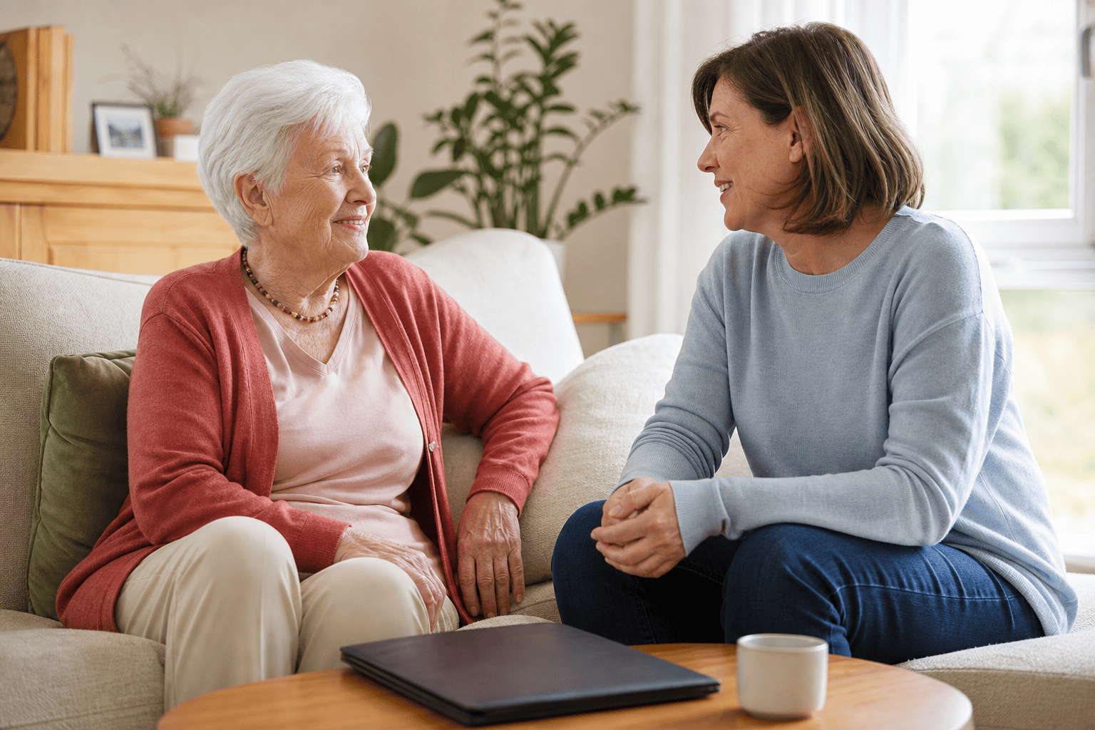 Ältere Person und Angehörige besprechen persönliche Vorsorgewünsche