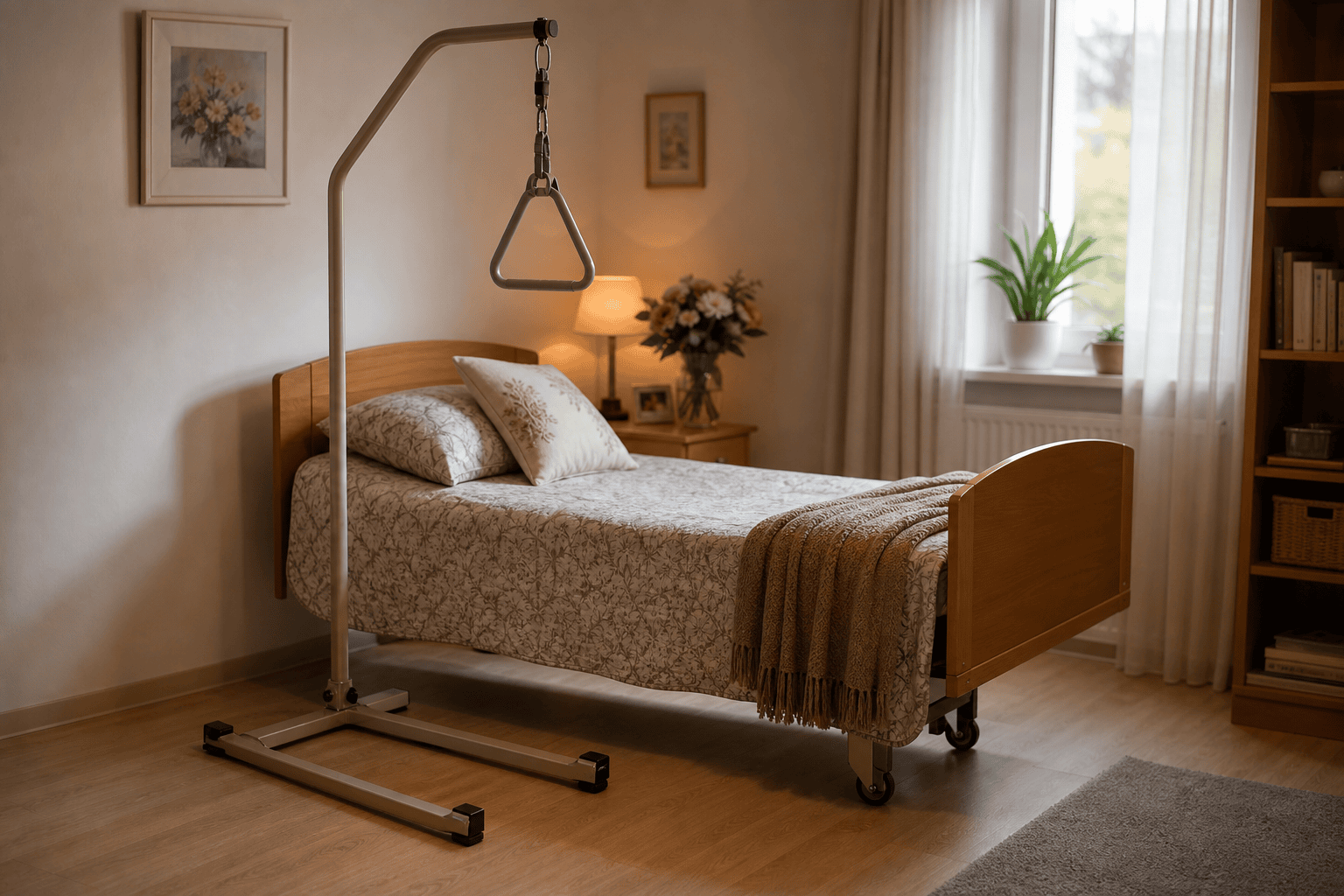 Freistehender Bettgalgen neben einem normalen Bett mit freiem Standbereich
