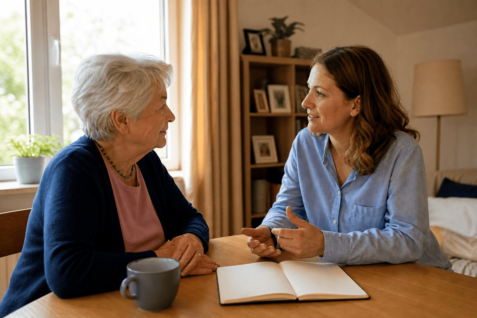 Ältere Person und Angehörige besprechen gemeinsam den Alltag