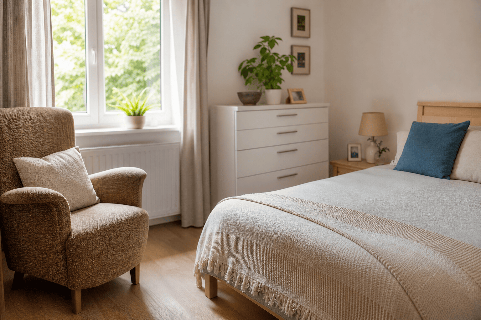 Heller wohnlicher Schlafbereich mit Bett und Sessel