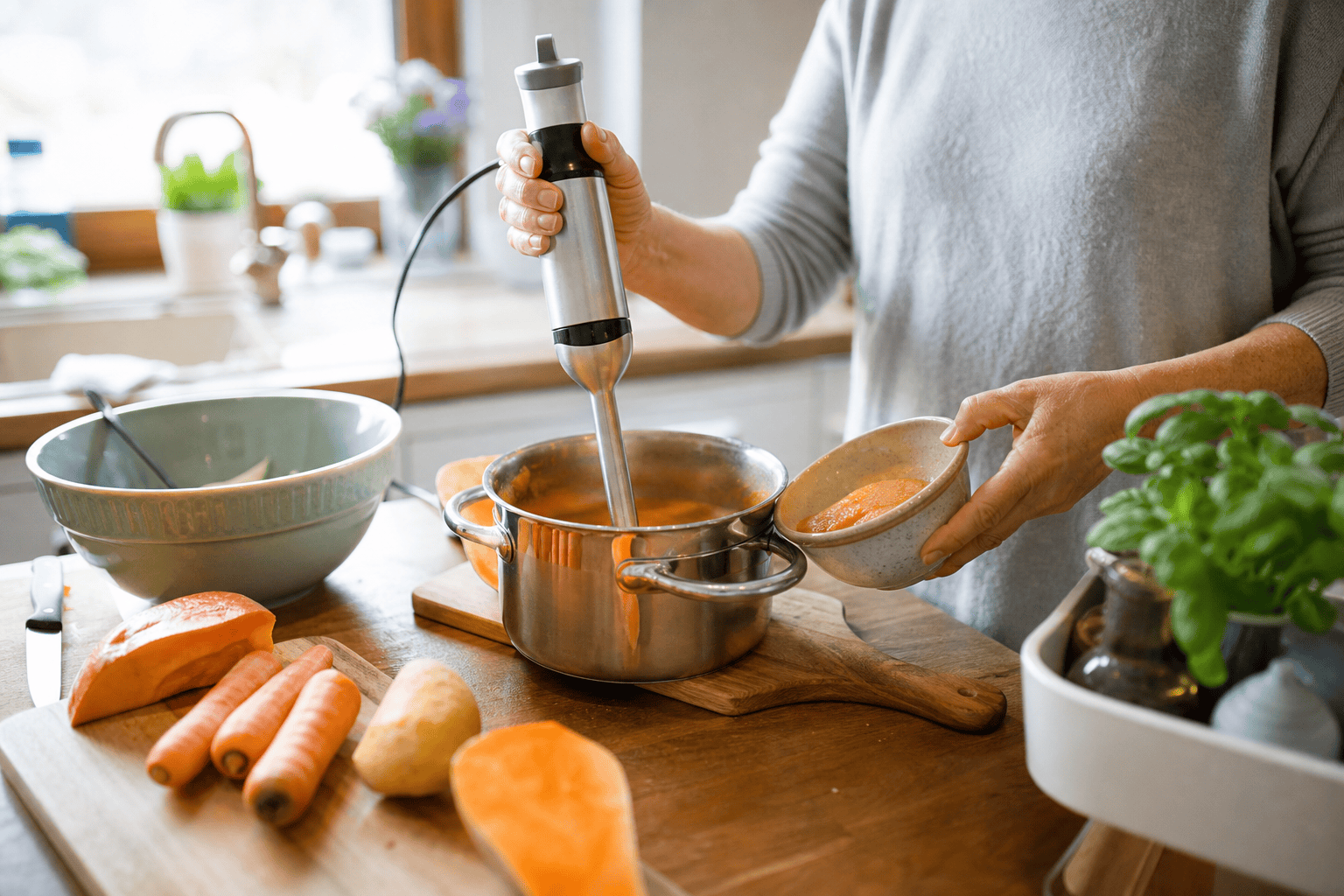 Weich gegartes Gemüse wird in einer kleinen Schale zu Püree verarbeitet