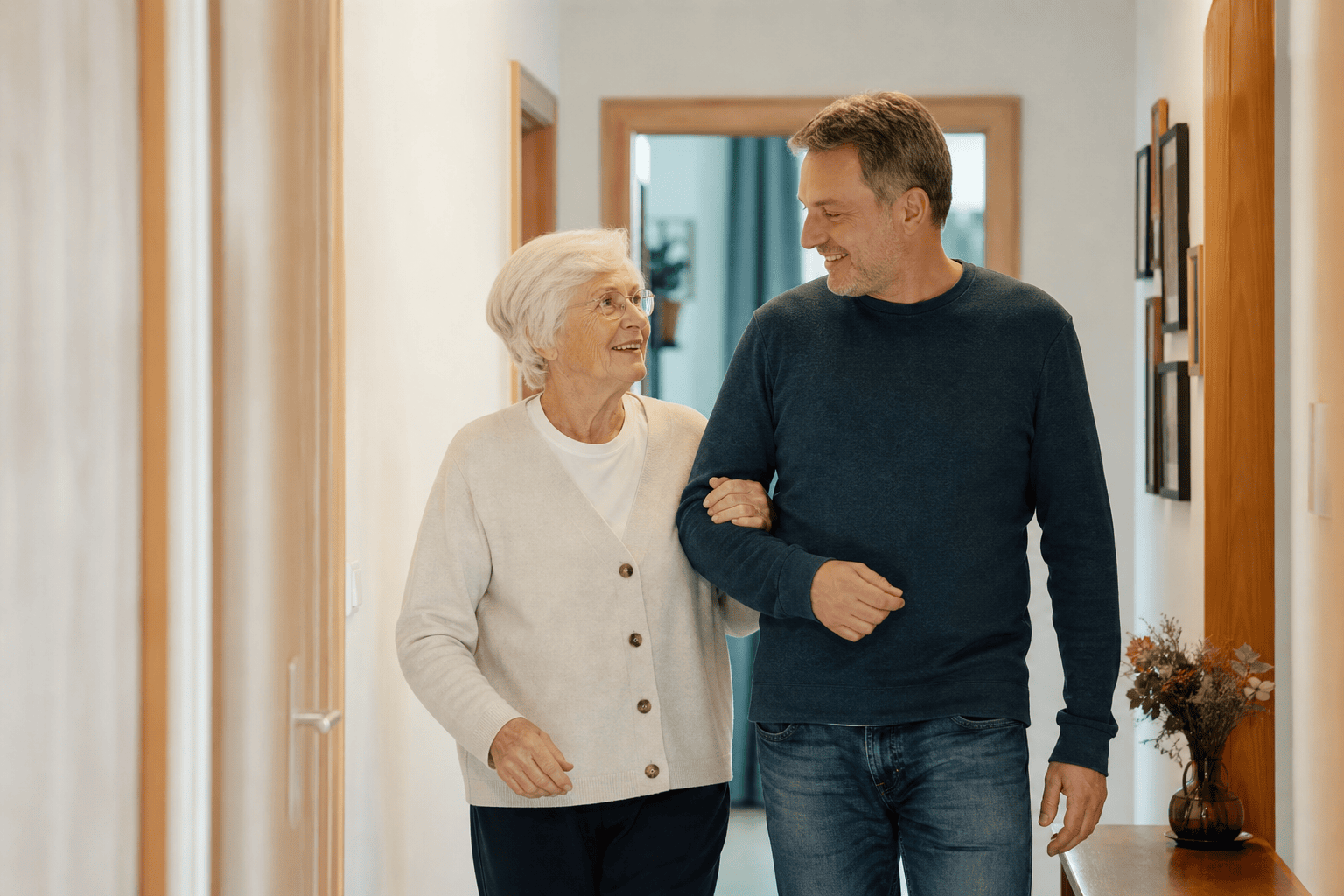Ältere Person und Angehörige im gemeinsamen Alltag zu Hause.