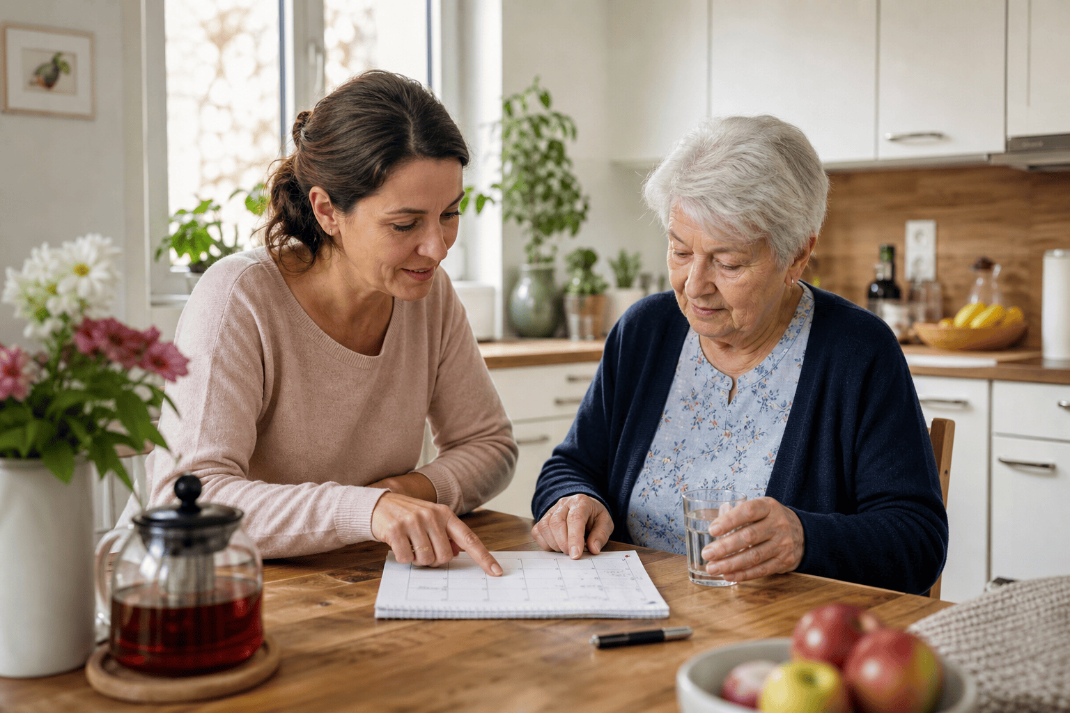 Angehörige und ältere Person planen gemeinsam den Tagesablauf
