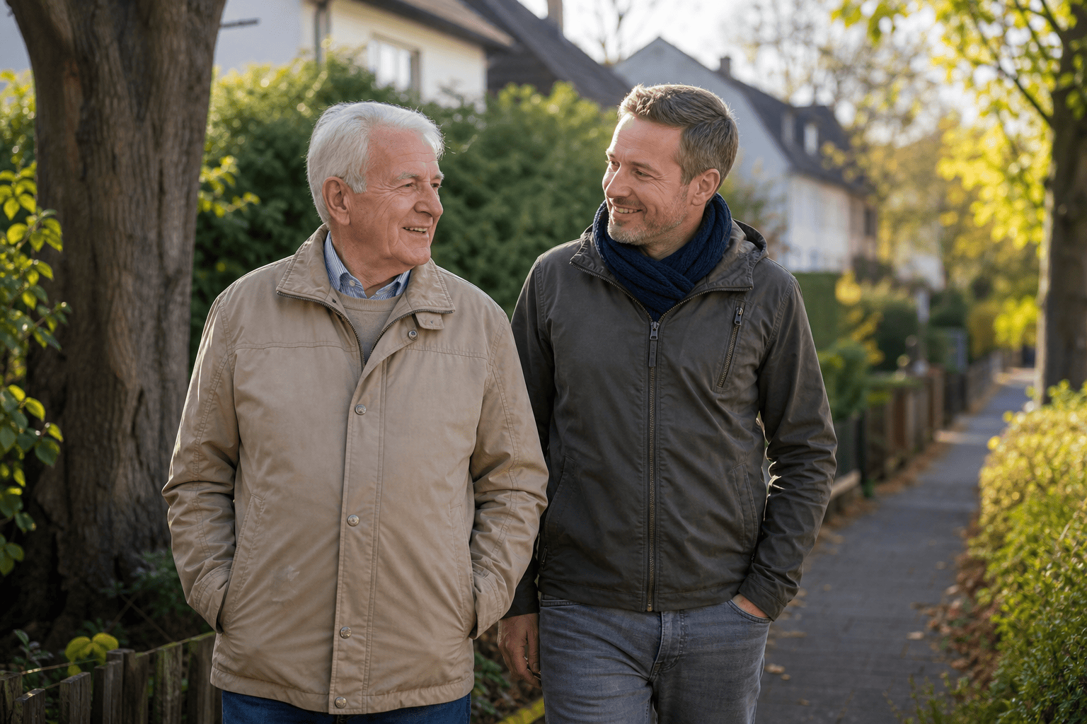 Älterer Mann und Angehörige bei einem gemeinsamen Spaziergang