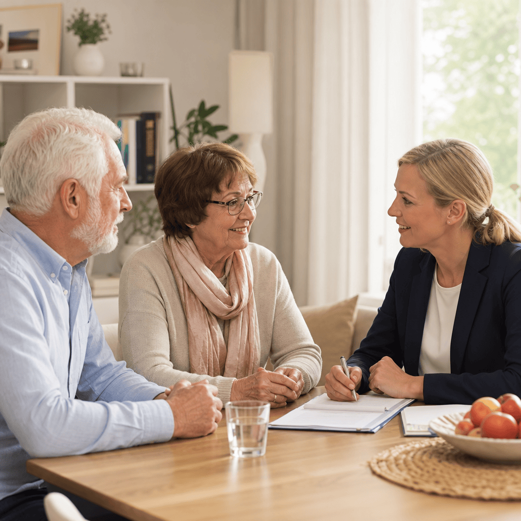 Angehörige und Beraterin besprechen die Organisation häuslicher Betreuung.