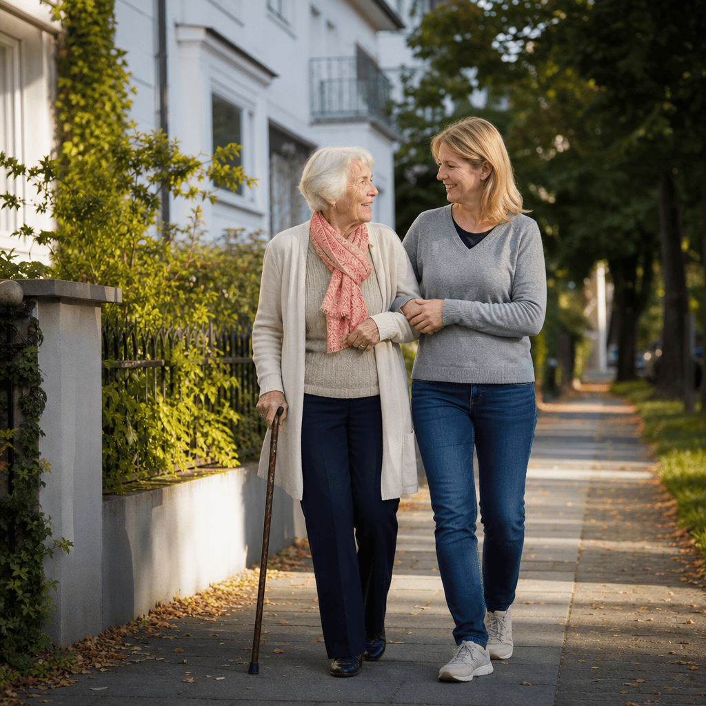 Betreuungsperson begleitet eine ältere Frau bei einem Spaziergang.