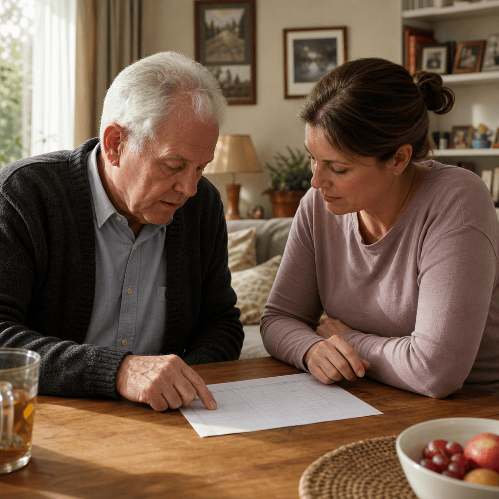 Älterer Mann und Angehörige besprechen zu Hause einen Wochenplan.