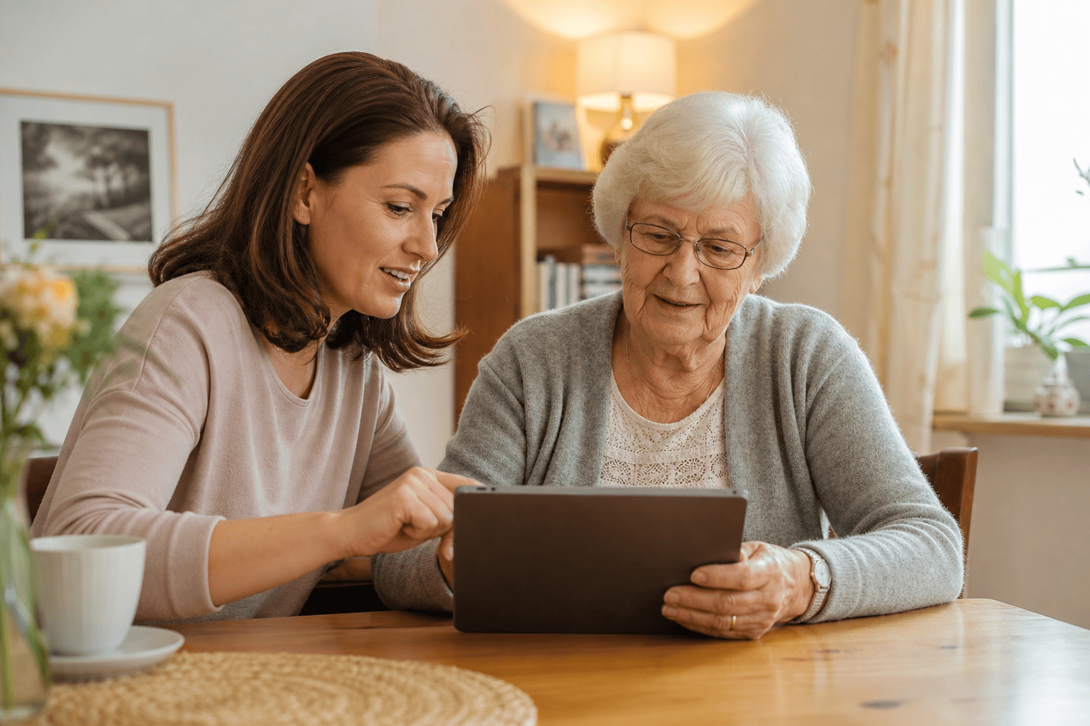 Angehörige erklärt einer älteren Person die Nutzung einer digitalen Anwendung