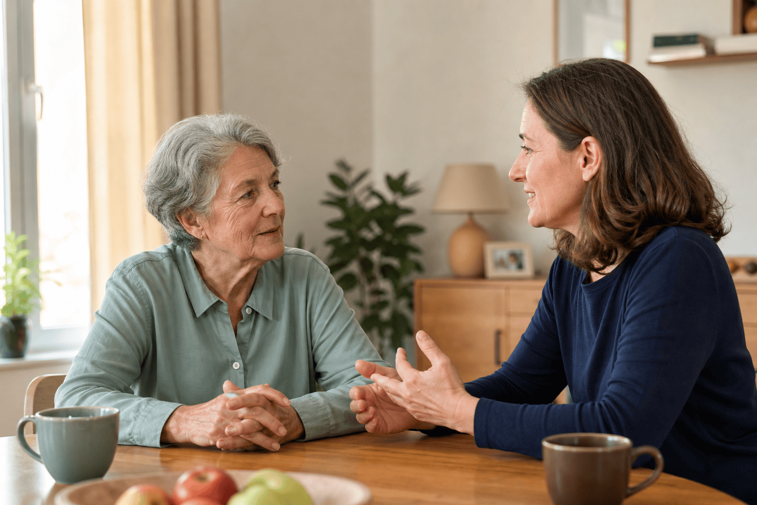 Ältere Person und Angehörige besprechen Unterstützung im Alltag