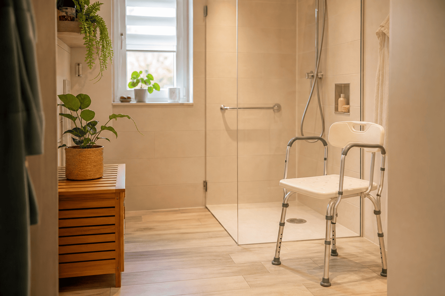 Duschstuhl in einem hellen, aufgeräumten Badezimmer als mögliche Ergänzung zur Duschmatte.