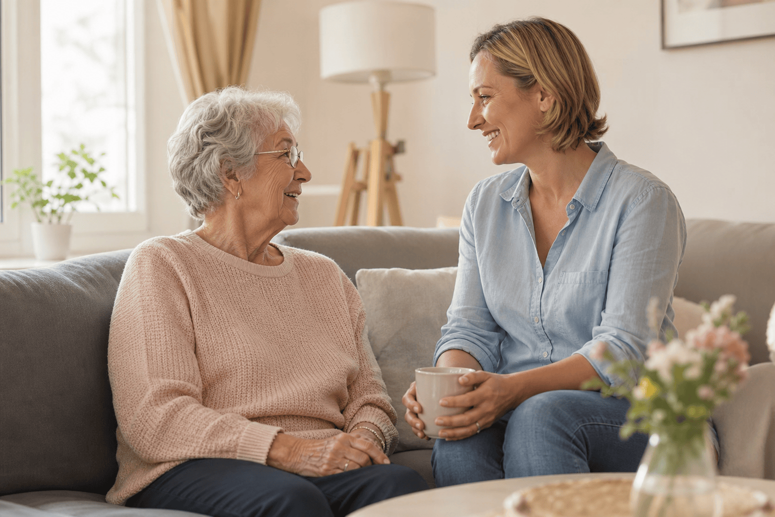 Ältere Person und Angehöriger sprechen über Unterstützung im Alltag zu Hause.
