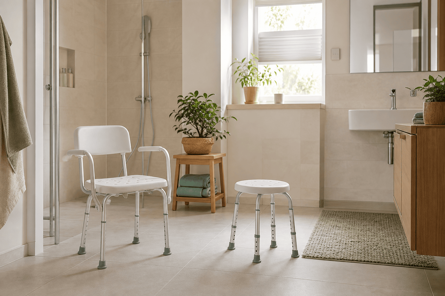 Duschstuhl mit Rückenlehne und kompakter Duschhocker in einem hellen Badezimmer.