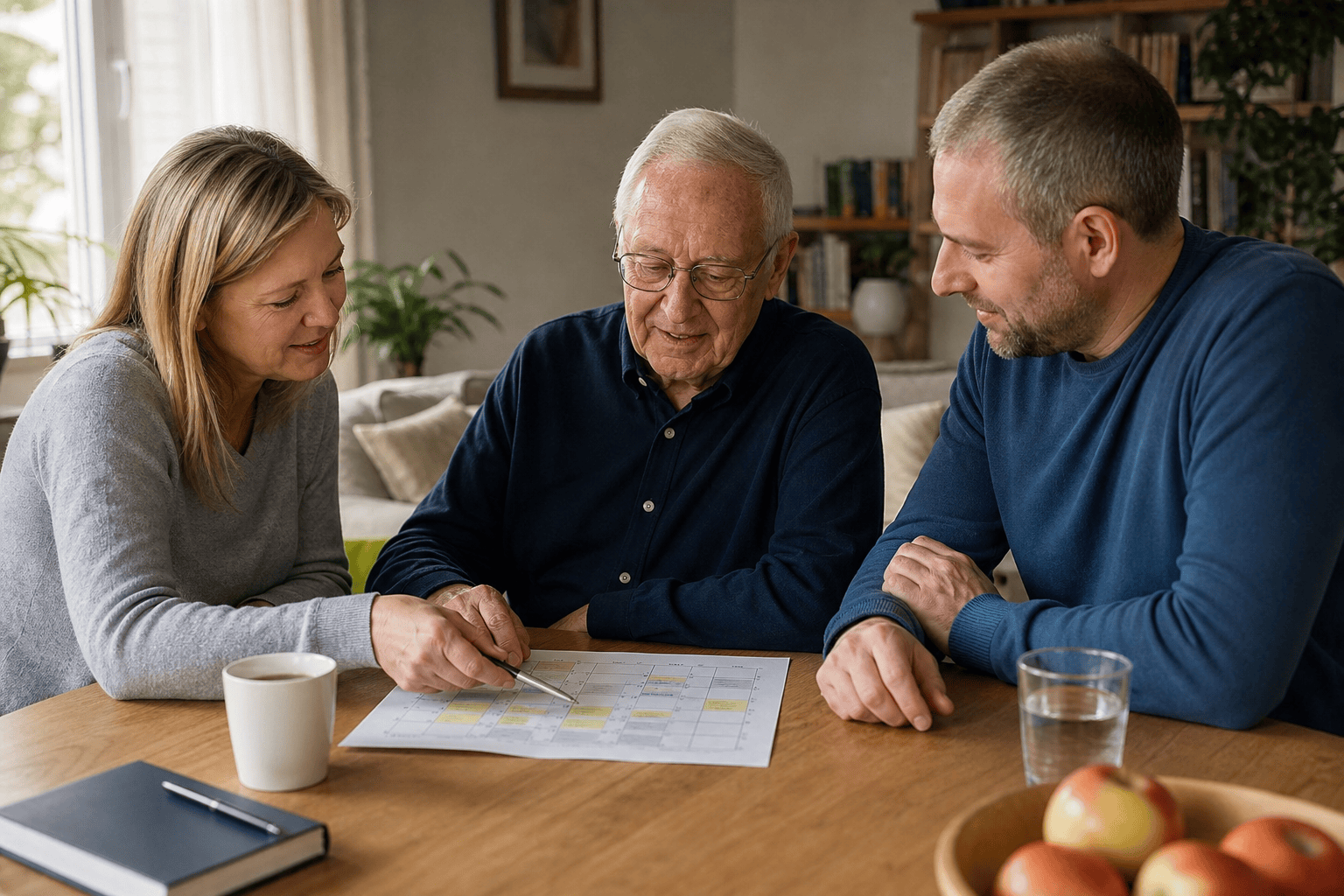 Angehörige und älterer Mann klären gemeinsam Besuchszeiten.
