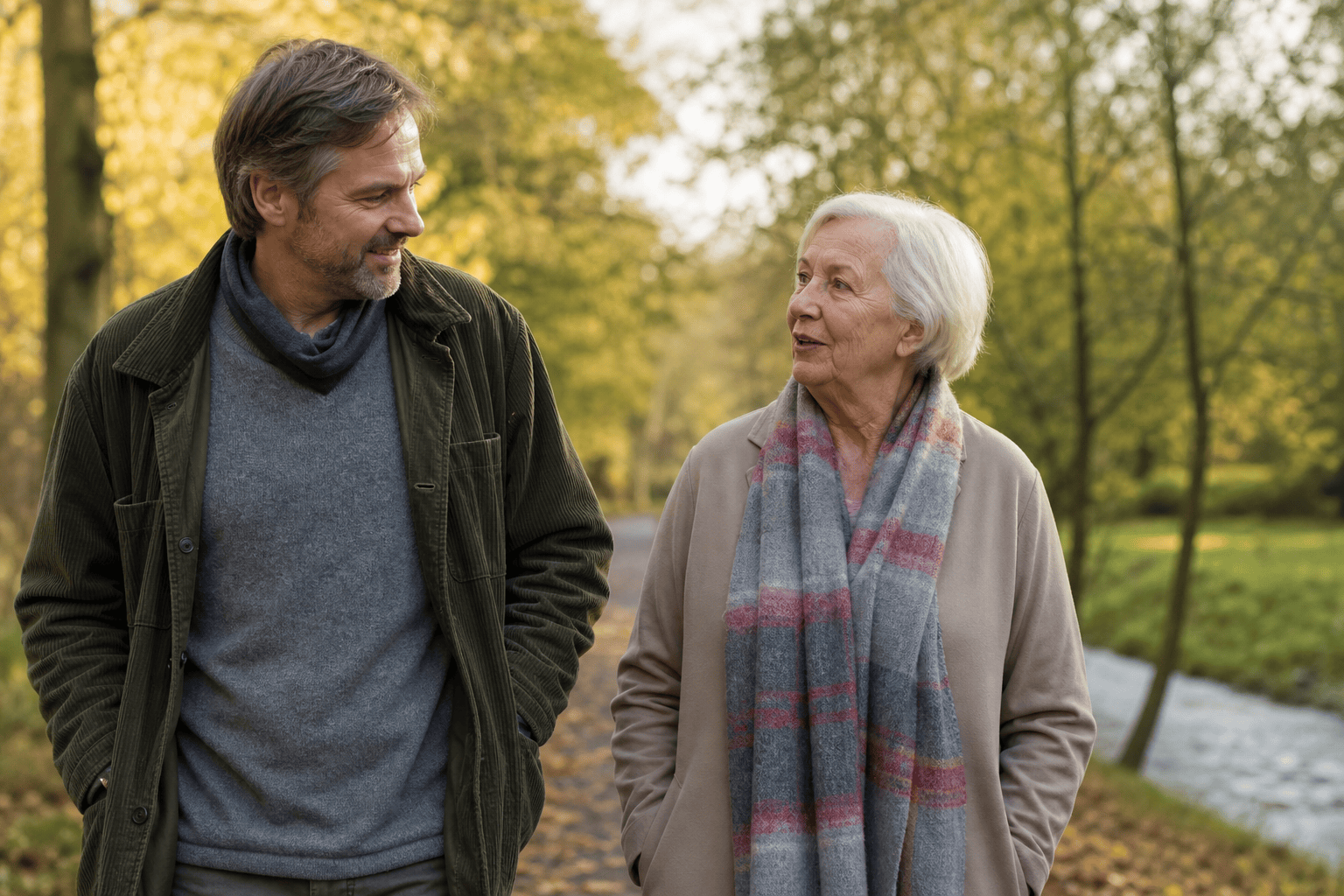 Ältere Person und Angehöriger sprechen bei einem Spaziergang über den Pflegealltag
