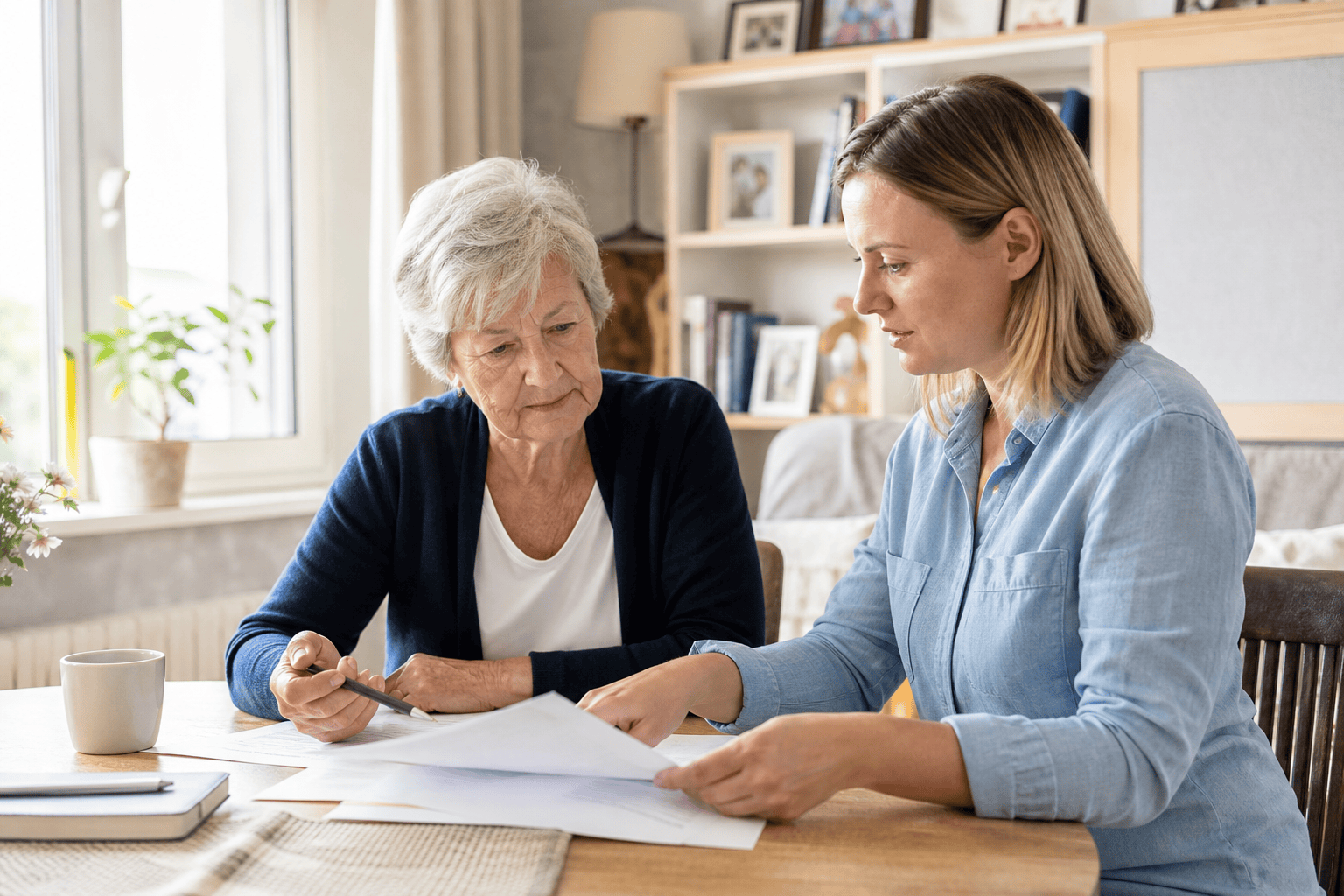Angehörige und ältere Person besprechen Unterstützung im Alltag