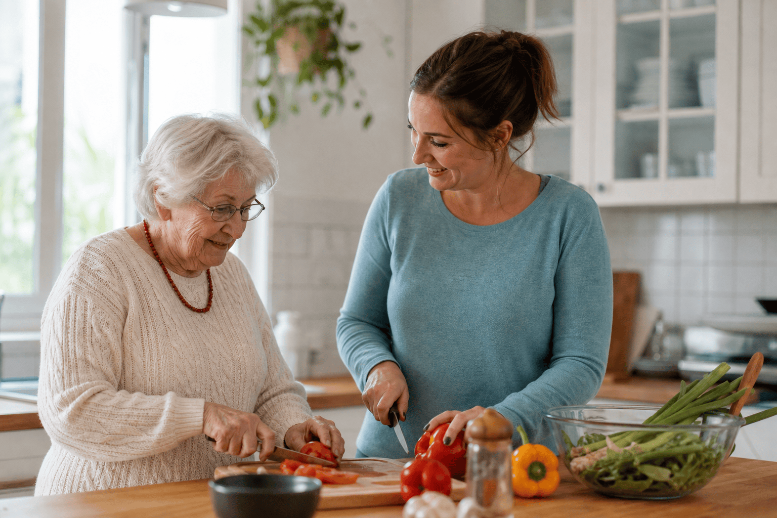 Ältere Person und Betreuungskraft bereiten gemeinsam eine Mahlzeit zu