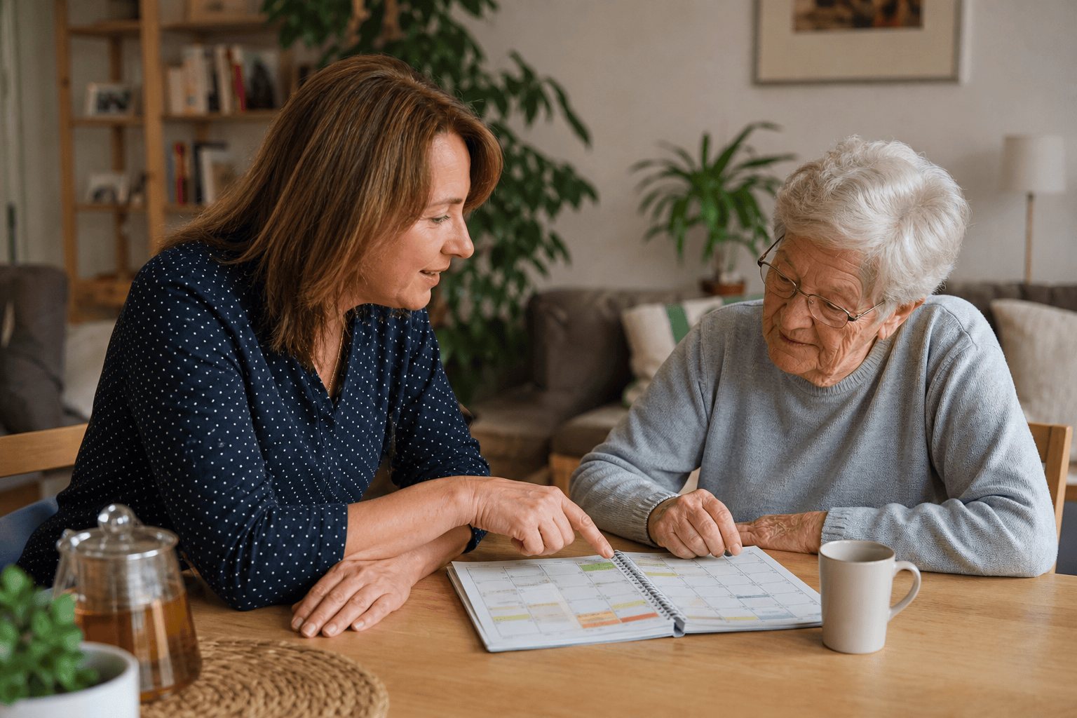 Angehörige und ältere Person besprechen Unterstützung im Alltag
