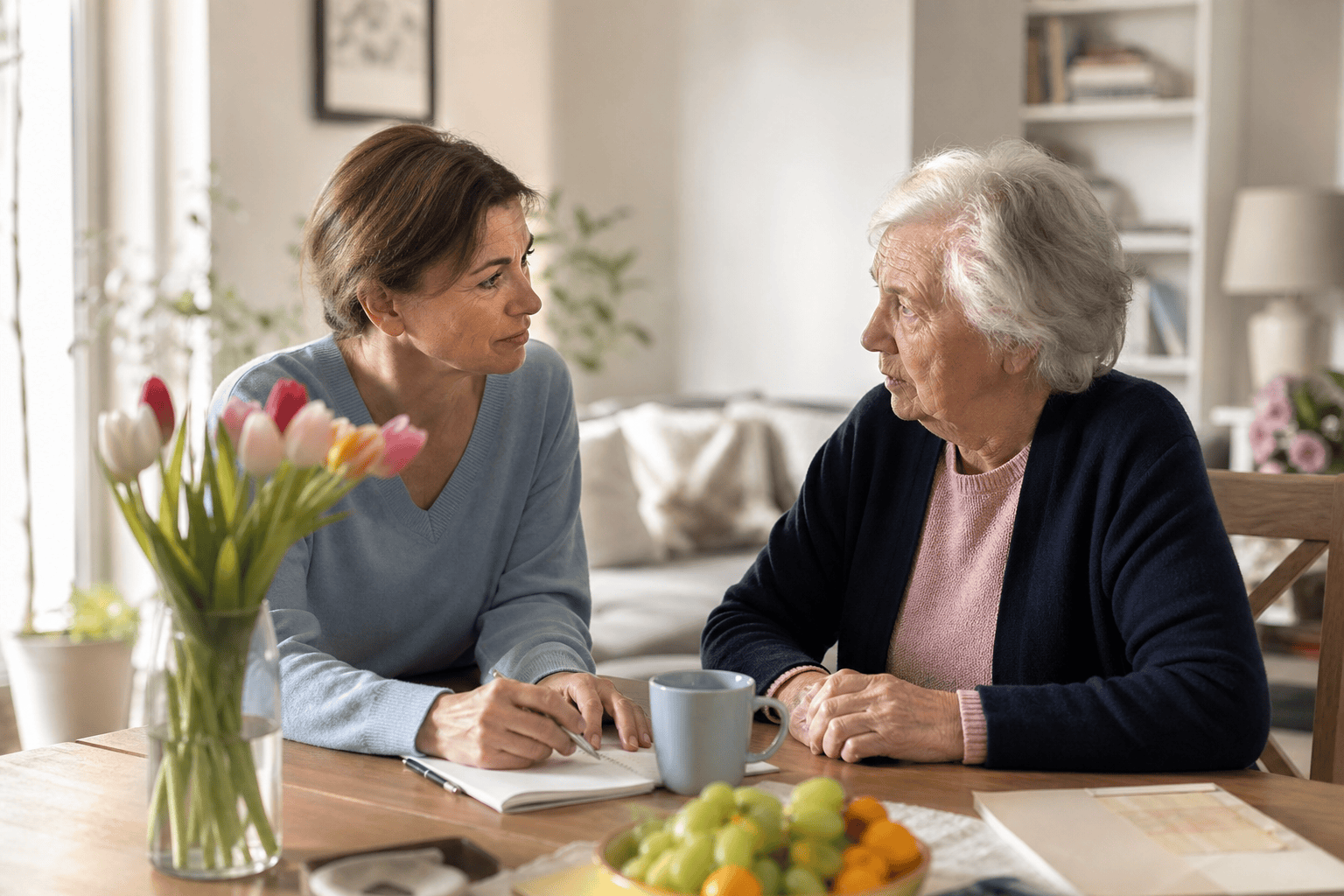 Ältere Person und Angehörige besprechen Unterstützung im Alltag