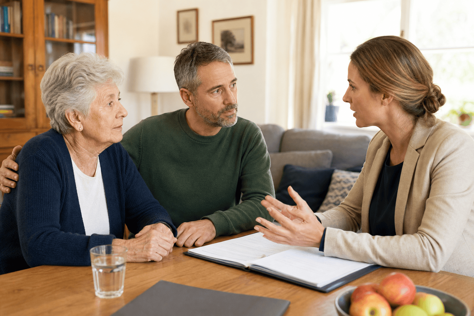 Ältere Person und Angehörige besprechen mit einer Beraterin passende Unterstützung zu Hause.
