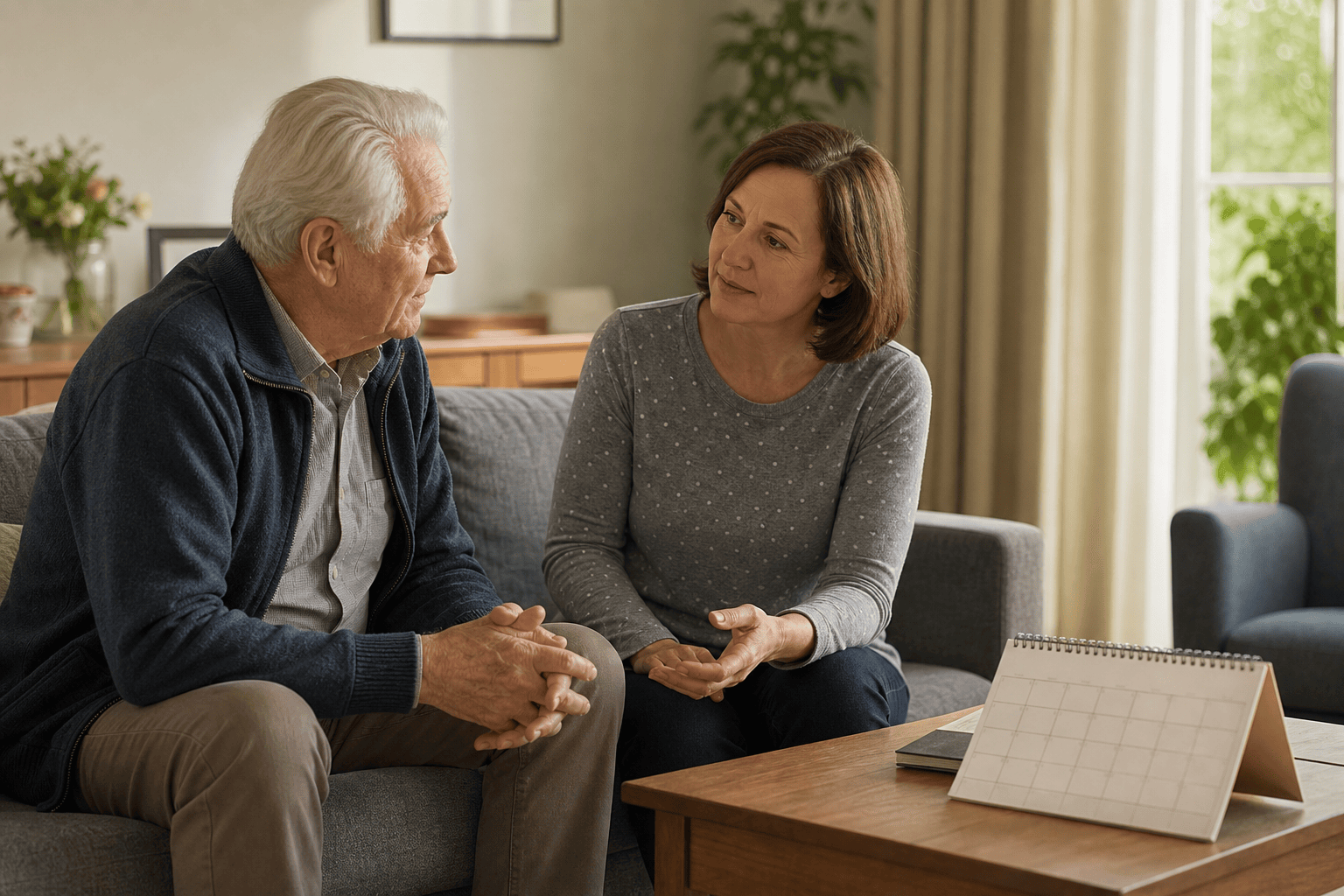 Älterer Mann und Angehörige besprechen eine passende Entlastung im Alltag