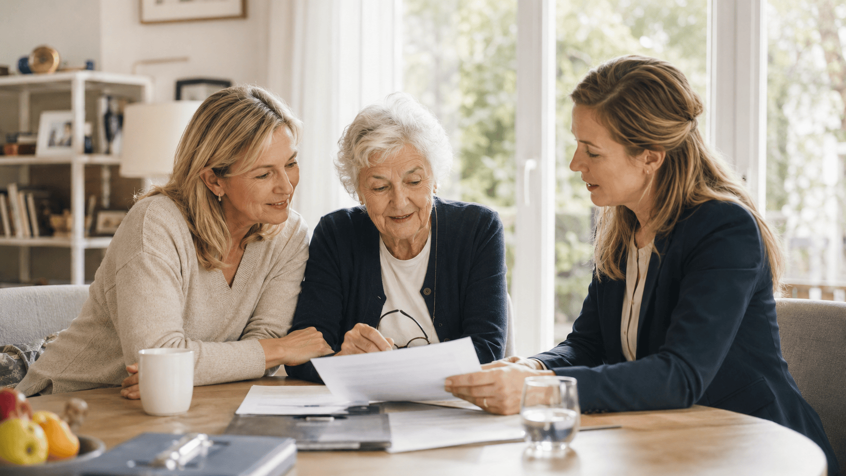 Angehörige und Seniorin besprechen mit einer Beraterin Unterlagen zum Entsendemodell in der häuslichen Betreuung