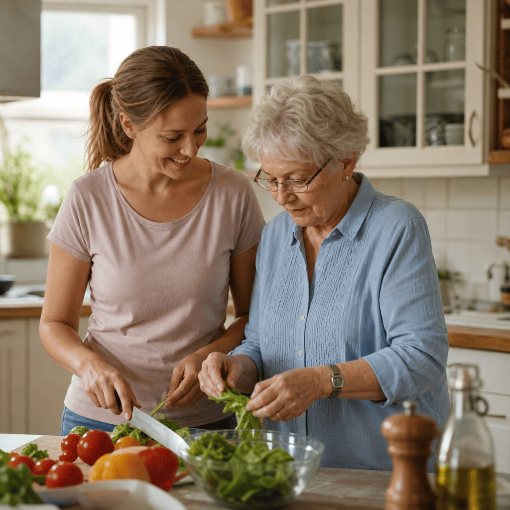 Betreuungskraft und ältere Person bereiten gemeinsam eine Mahlzeit zu