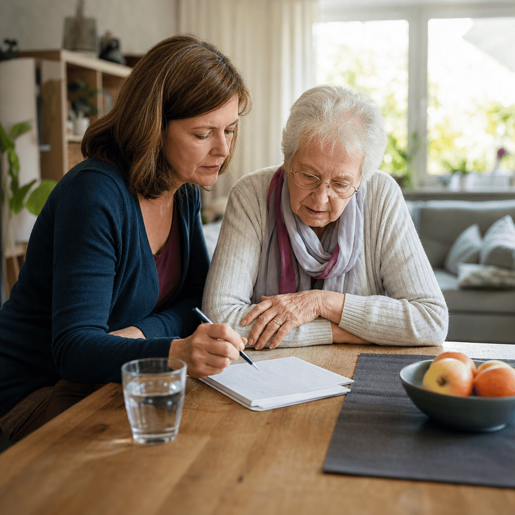 Angehörige und ältere Person besprechen eine Checkliste für die Betreuung