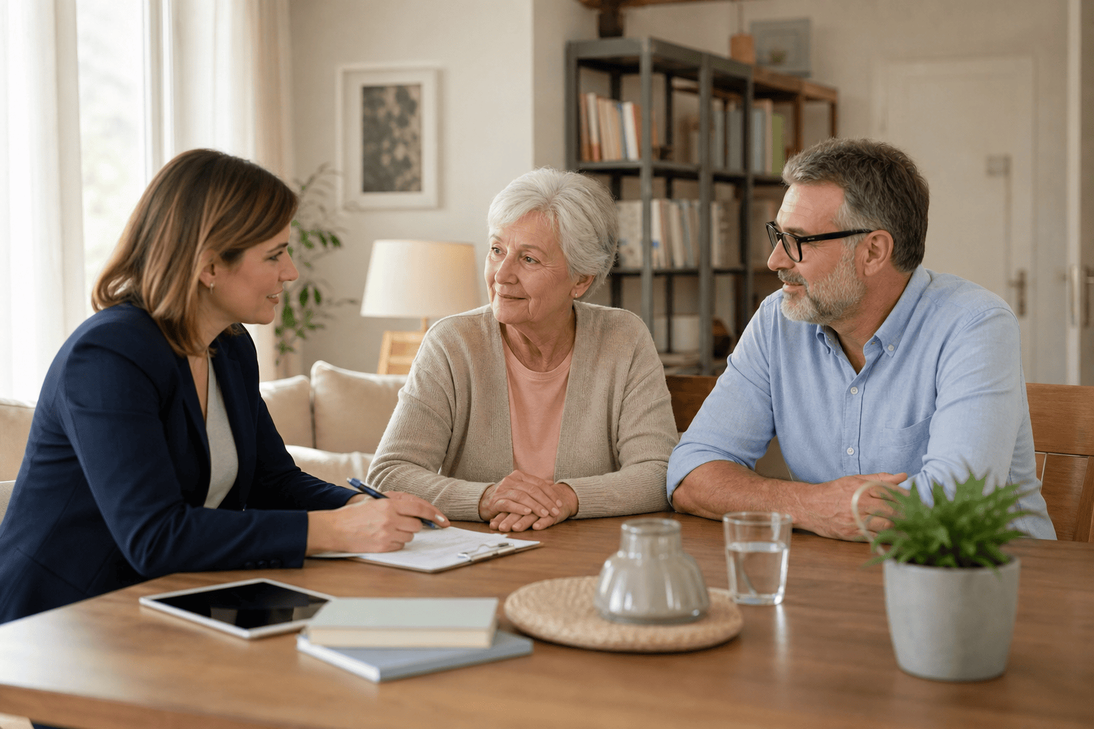 Ältere Person und Angehörige sprechen über Unterstützung im Alltag