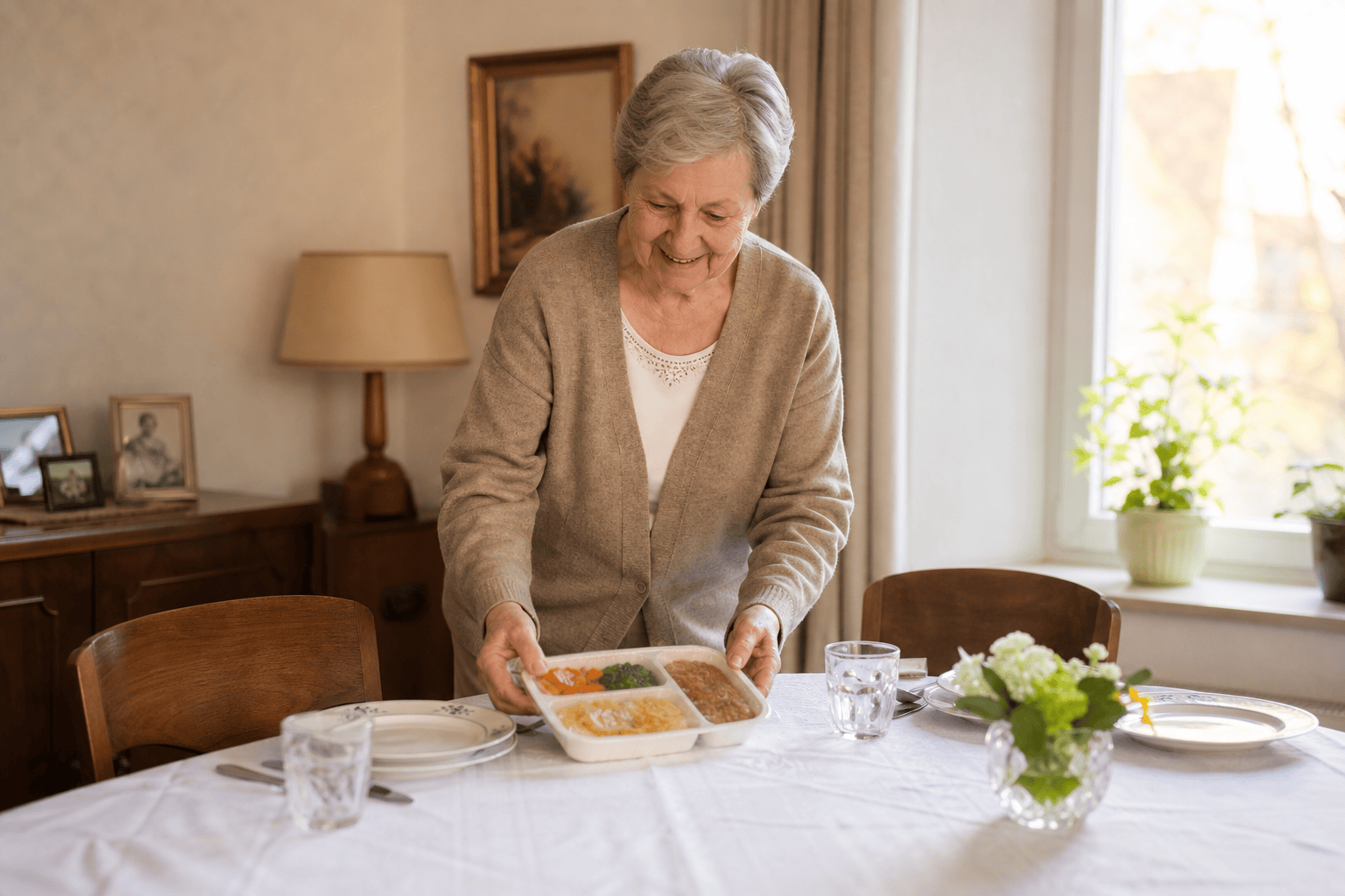 Ältere Person stellt eine gelieferte Mahlzeit auf den Esstisch