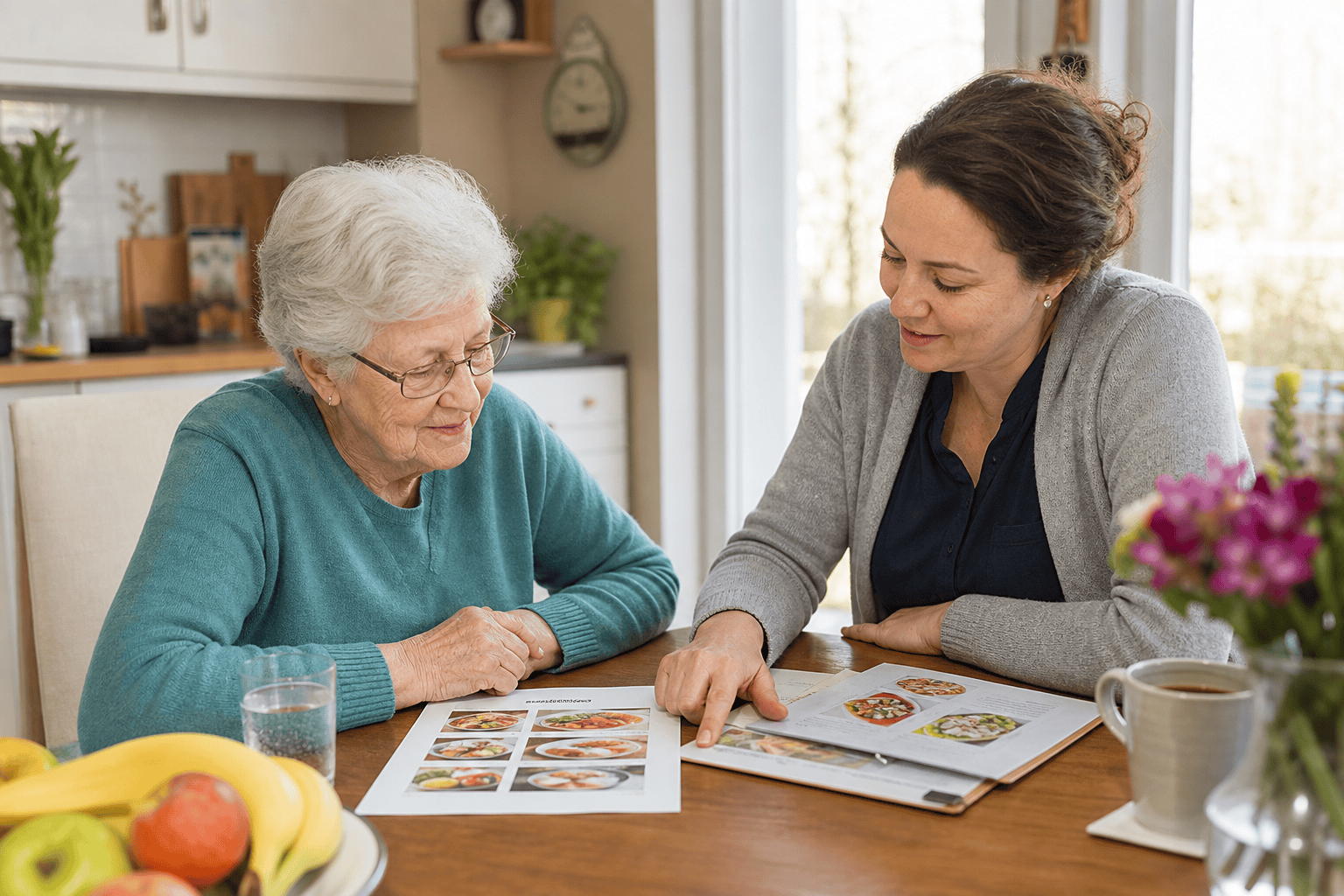 Ältere Frau und Angehörige besprechen gemeinsam einen Speiseplan
