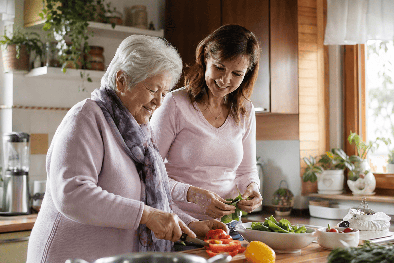 Ältere Person und Angehörige bereiten gemeinsam eine Mahlzeit in der Wohnküche vor.
