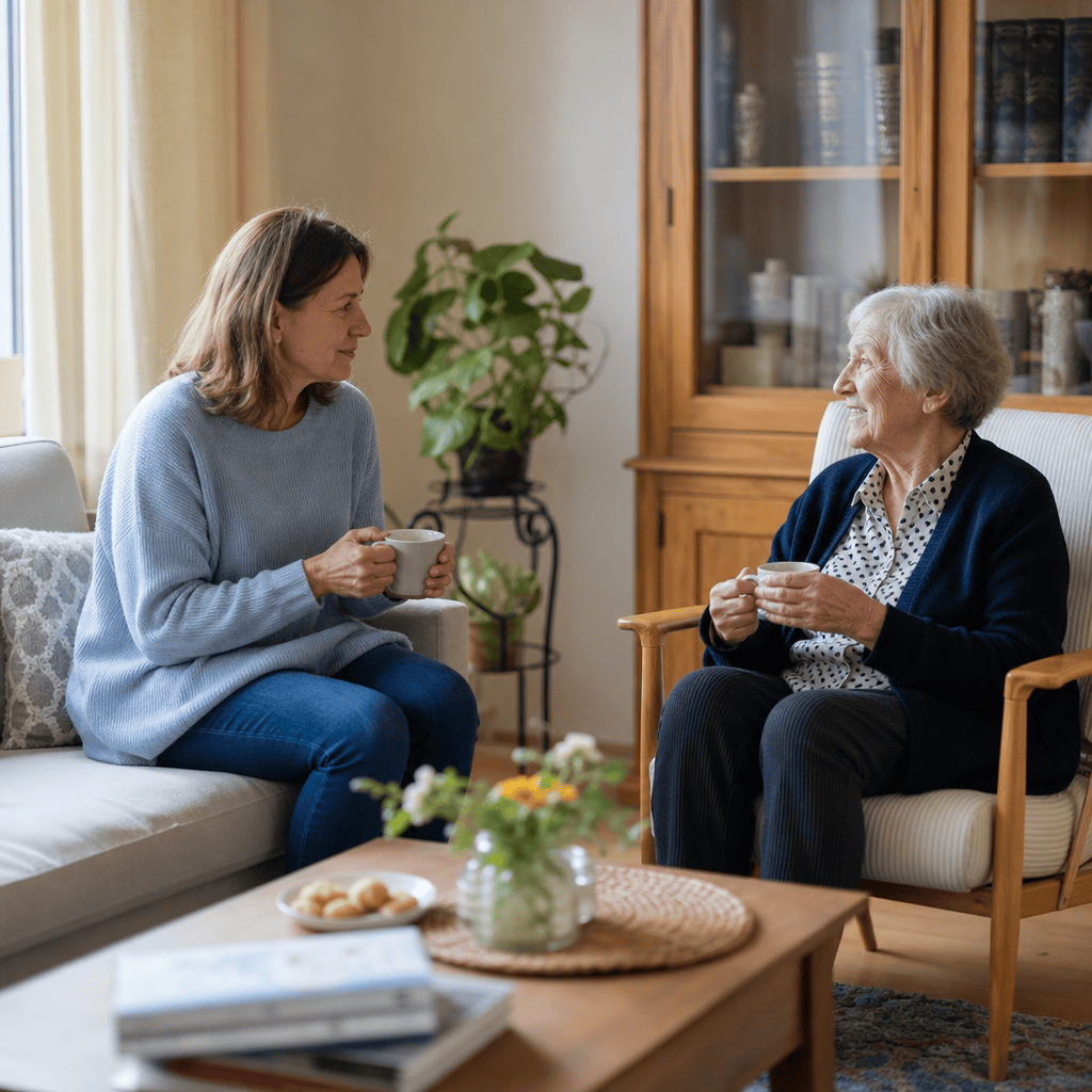 Angehörige und ältere Person verbringen einen ruhigen Moment im Wohnzimmer