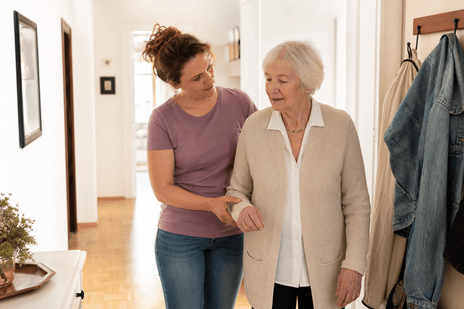 Betreuungskraft begleitet eine ältere Frau sicher durch die Wohnung
