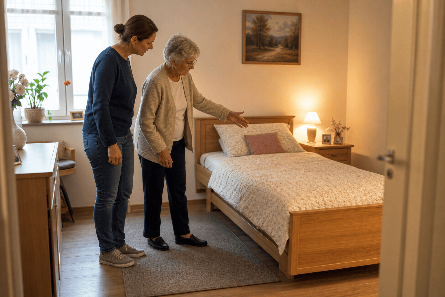 Ältere Frau und Angehörige prüfen einen sicheren freien Weg am Bett