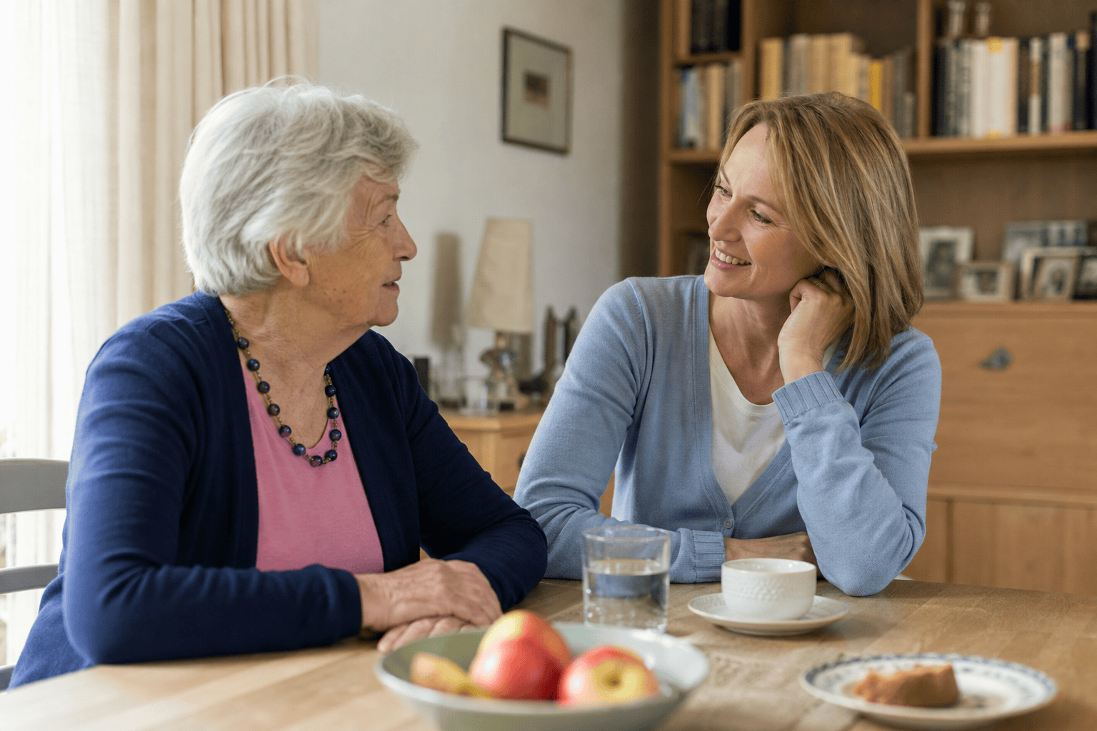 Älterer Mensch und Angehörige besprechen die Pflegeorganisation