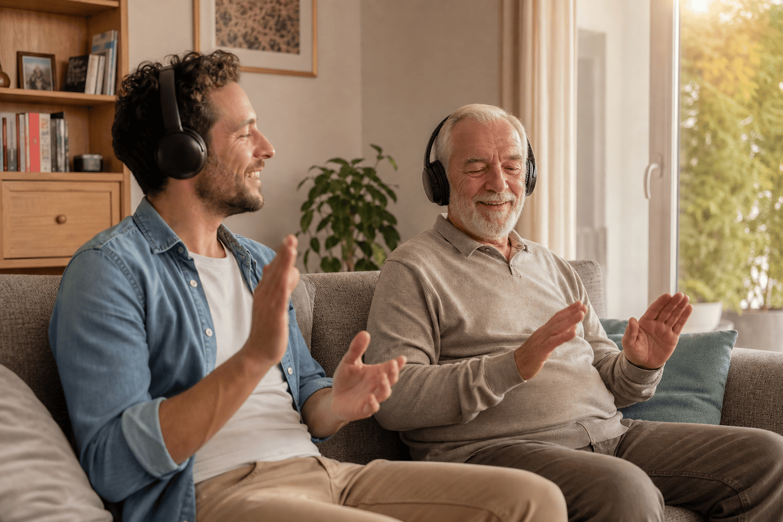 Ältere Person und Angehöriger hören gemeinsam Musik im Wohnzimmer.