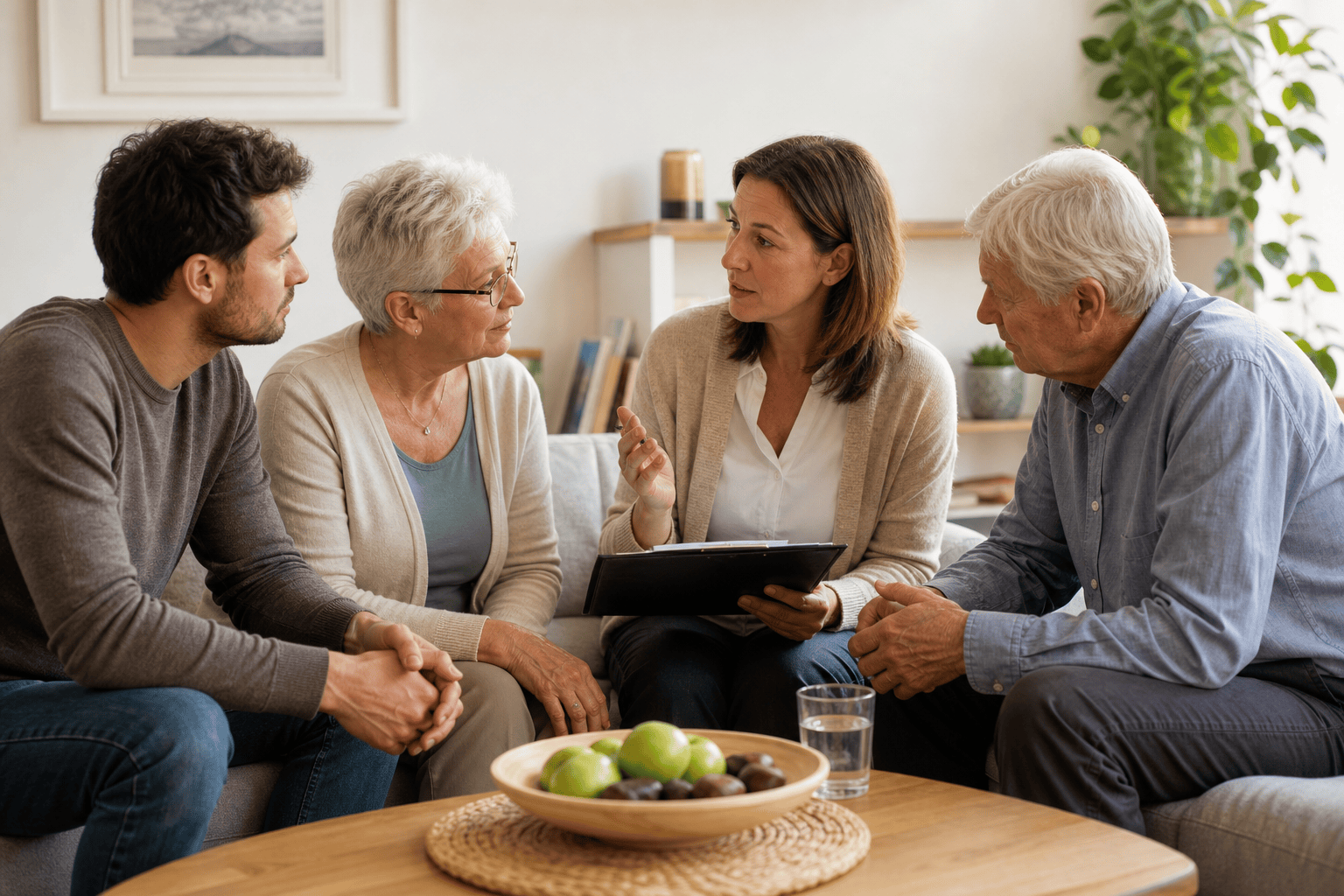 Familie bespricht die Organisation von Unterstützung im Alltag.