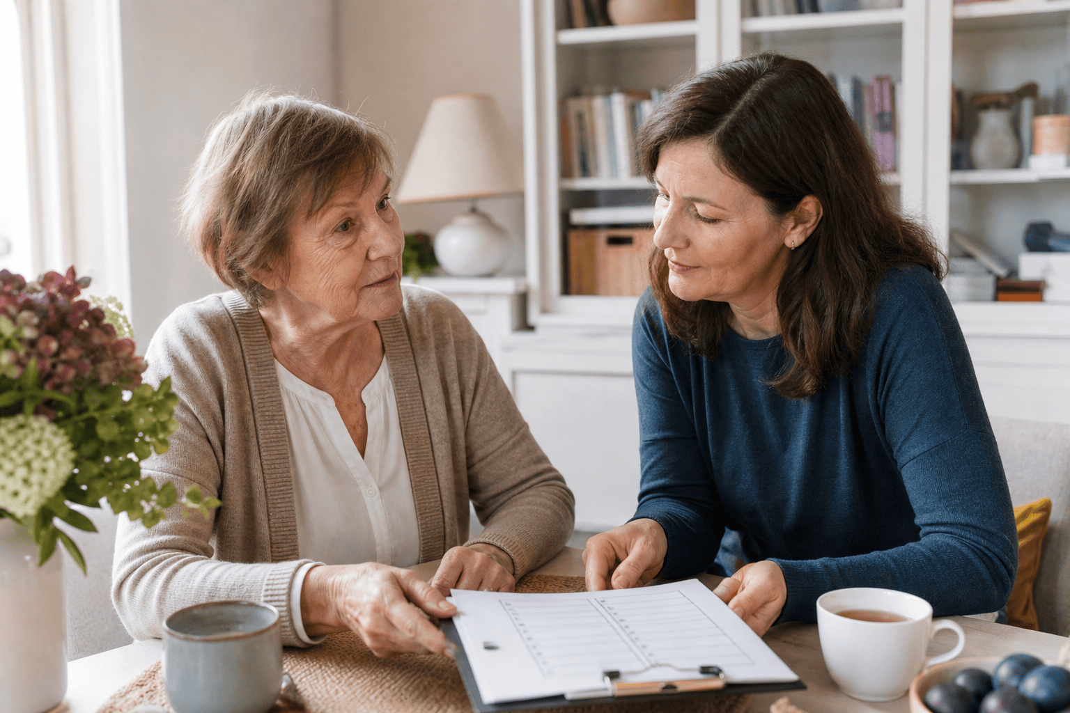Ältere Frau und Angehöriger besprechen die Auswahl einer Vertrauensperson.