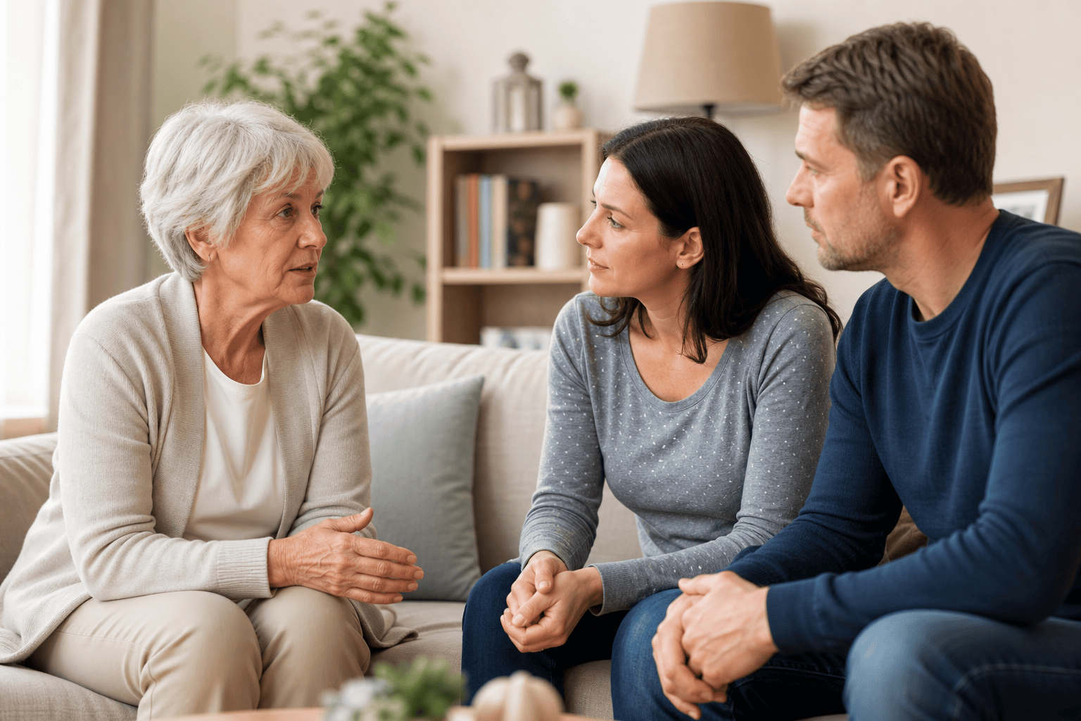 Eine ältere Mutter wird von ihren erwachsenen Kindern in ein gemeinsames Gespräch einbezogen.