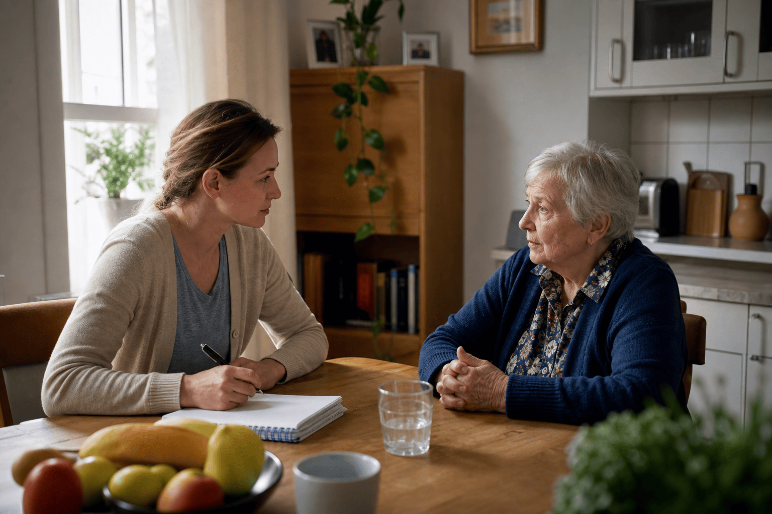 Angehörige spricht auf Augenhöhe mit einem älteren Familienmitglied und macht Notizen.