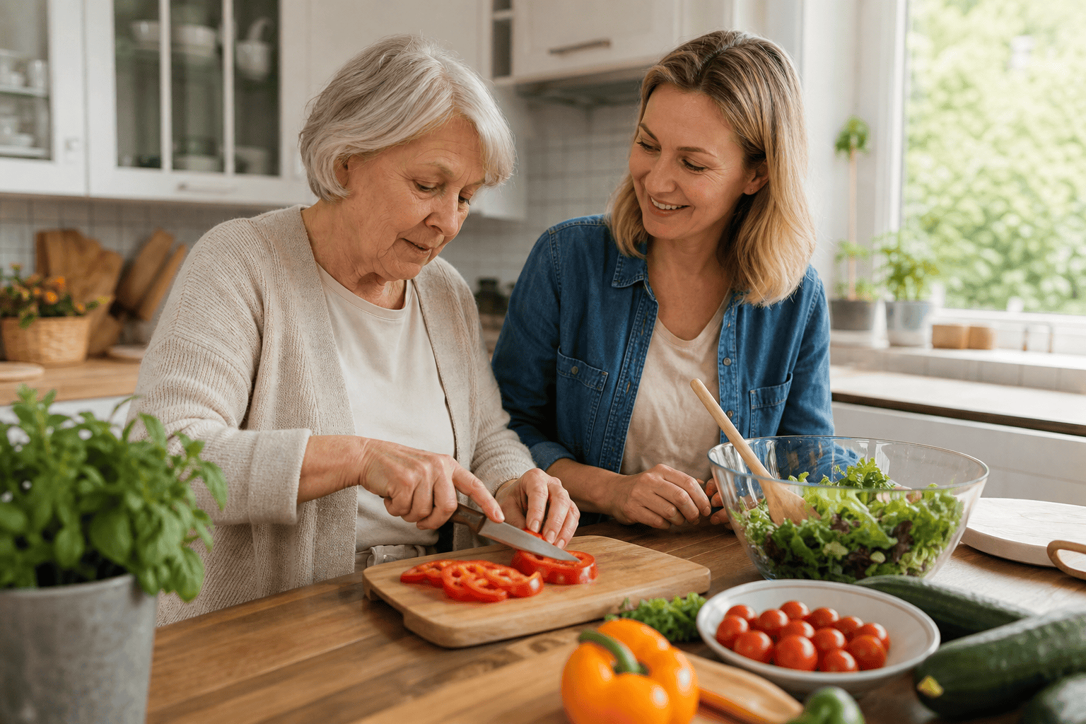 Ältere Person bereitet mit einer Betreuungskraft eine Mahlzeit in der Küche vor.