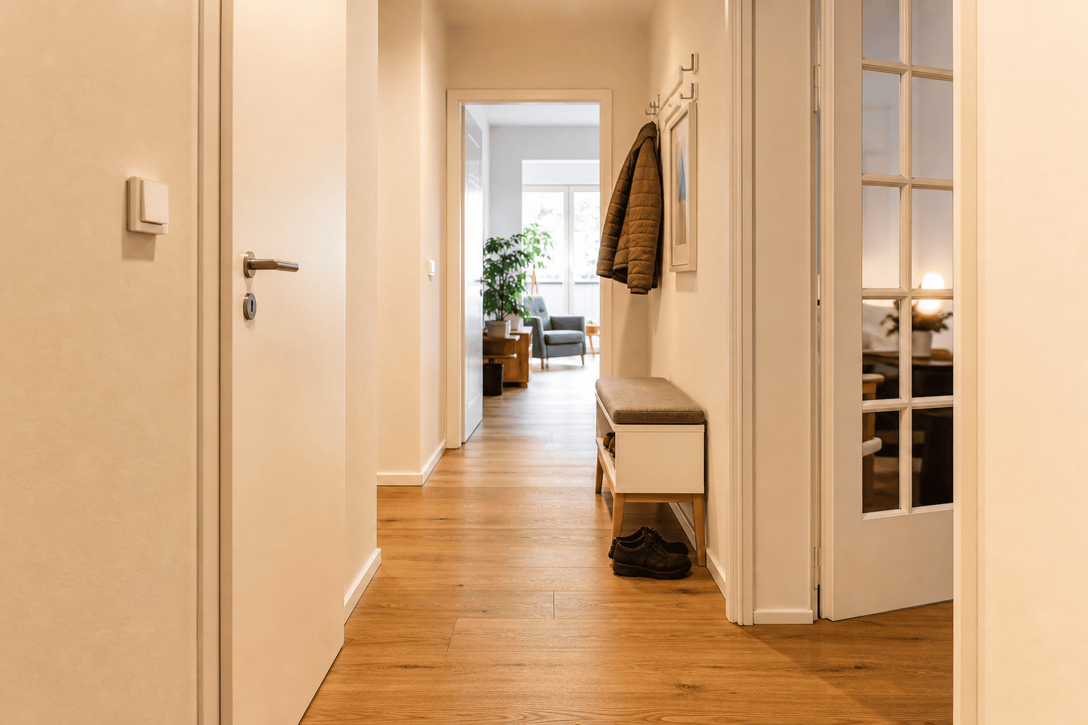 Heller Wohnungsflur mit freiem Laufweg und gut erreichbarer Beleuchtung.