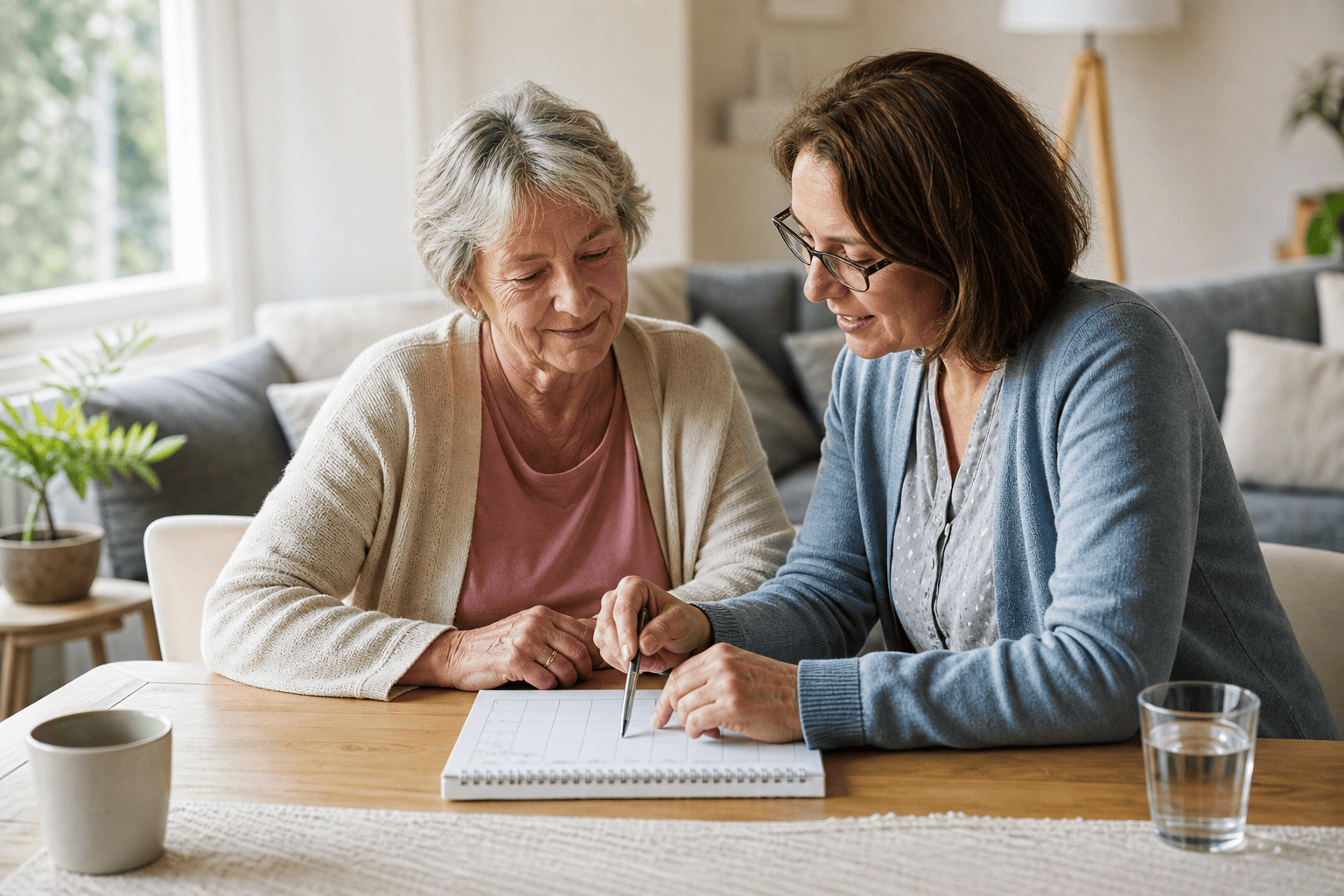 Angehörige und ältere Person besprechen den Unterstützungsbedarf im Alltag