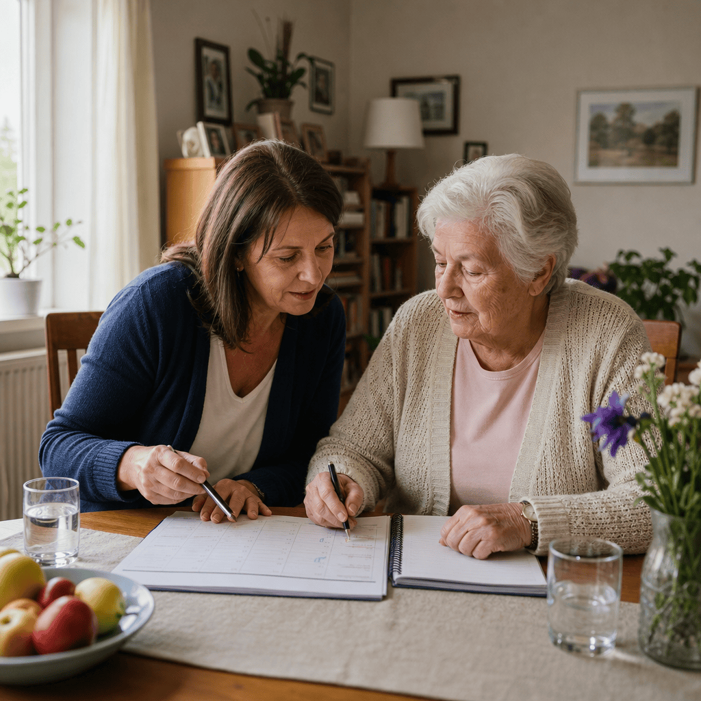 Angehörige und ältere Person planen die häusliche Pflege mit Kalender und Notizen.