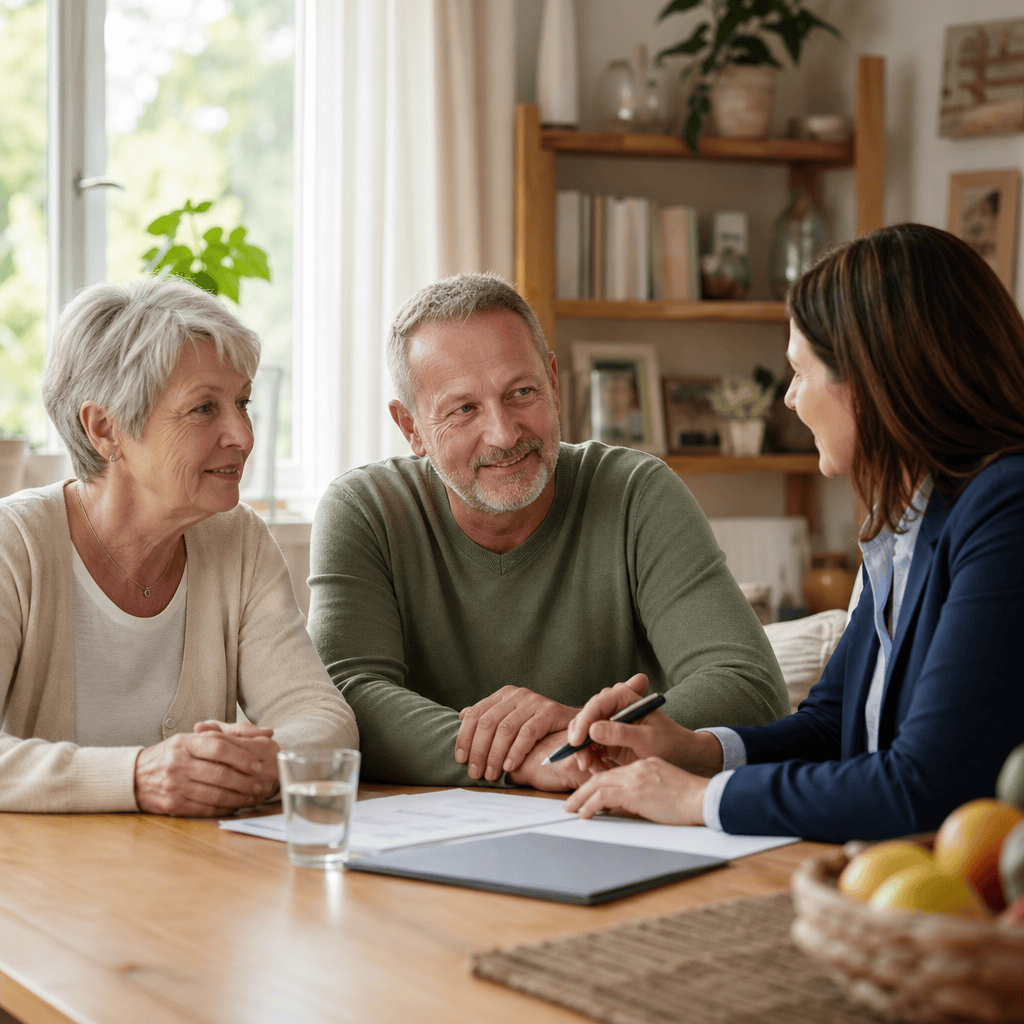 Angehörige und ältere Person besprechen Unterstützung für die Pflege zu Hause.