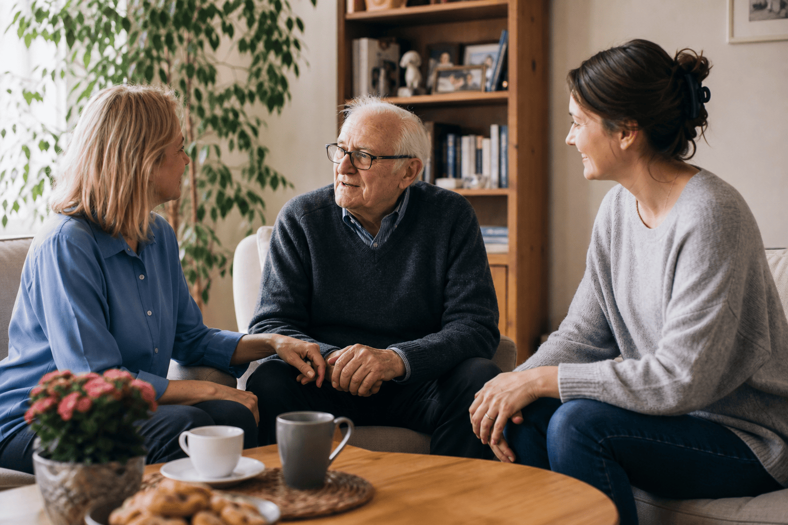 Ältere Person, Angehöriger und Betreuungskraft im Gespräch zu Hause