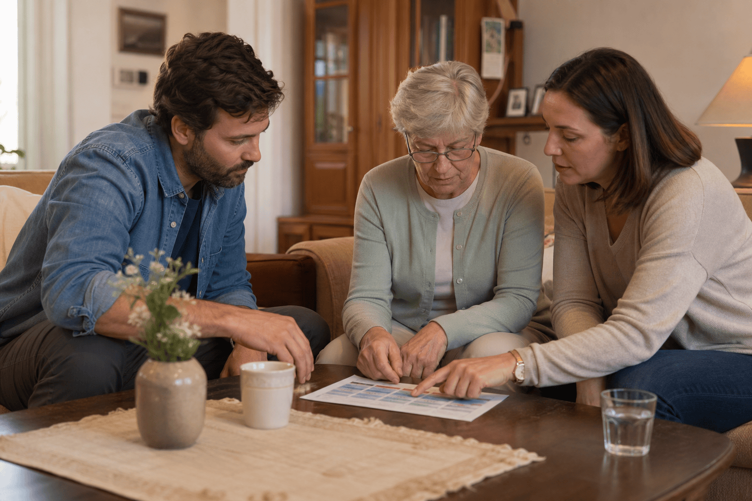 Ältere Person und Angehörige planen Hilfen im Alltag.