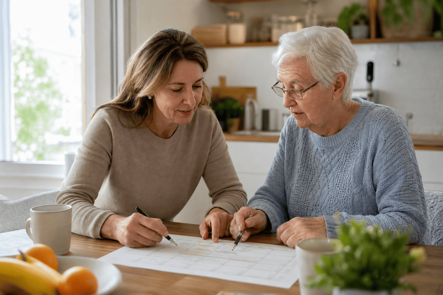 Angehörige und ältere Person erstellen einen Wochenplan für die häusliche Pflege.